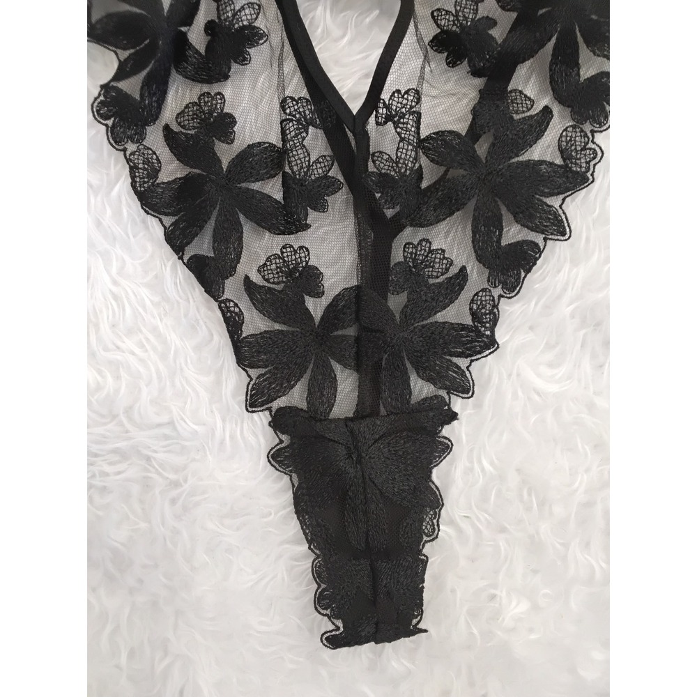 Victoria's Secret Black Floral Embroidered Mesh Strappy Teddy Bodysuit Large - Picture 2 of 5